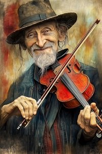 Gatumusiker som spelar jazzmusik på sin violin, , Inramad väggdekor av F. Abderrahim