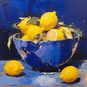 En blå keramikvas med citron i köket, Inramad väggdekor av F. Abderrahim