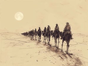 Desert Sun Procession Minimalistisk enradig skiss, Väggdekor till salu av F. Abderrahim