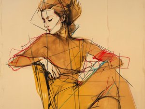 Modeillustration  teckning av en sittande kvinna, Porträtt i elegant brun klänning, konsttryck av F. Abderrahim