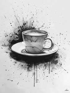 Minimalistisk Noir-scen i en linje med kaffefläckar som ljuspunkter, konsttryck online av F. Abderrahim