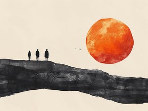 Minimalistisk enradig skiss av en öken-solprocession, väggdekoration för sovrum av F. Abderrahim