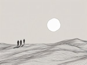 Minimalistskiss, män som går i en procession i ökensol, konsttryck online av F. Abderrahim