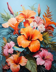 Målning av en blomsterbukett Orange och rosa, vägg Heminredning tryck av F. Abderrahim