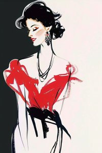 Paris Fashion, Röd och svart klänning, René Gruau stil, french Lady Poserande Makeup av F. Abderrahim