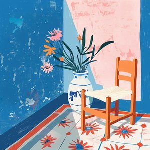 Växter och mexikansk stol med keramikvas, minimalistiska konsttryck på canvas av F. Abderrahim