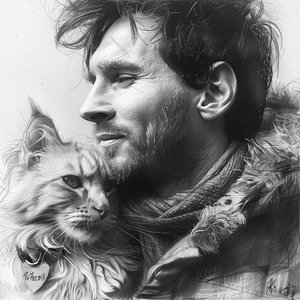 Katt med fotbollsspelaren Messi, Modern väggdekoration | print on demand av F. Abderrahim