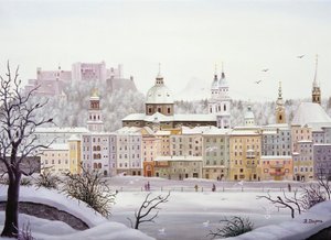 Salzburgs gamla stad med fästning på vintern