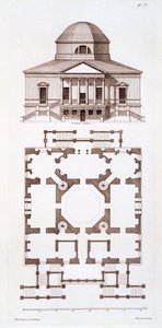 Plan och höjd av Chiswick House, tryck gjord av Herisset, c.1720-talet av 3rd Earl of Burlington