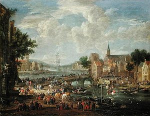 Stadsfolk på flodstranden av A.F. and Bouts, P. Boudewyns