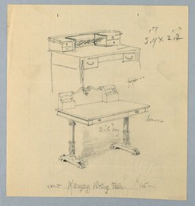 Design och skiss för "Mahogny Writing Table" av A.N. Davenport Co.