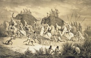 Kavalkad av sikhiska hövdingar på elefanter, från "Voyage in India", graverad av puben Louis Henri de Rudder (1807-81). i London av A. (after) Soltykoff