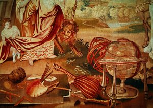Europa, från en gobeläng av världens fyra hörn, detalj av musikinstrumenten i nedre högra hörnet, början av 1700-talet.