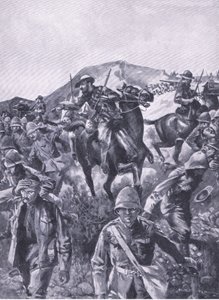 Brittiska fångar sattes in som en skärm medan boerna tog bort en marinpistol, från After Pretoria: The Guerilla War publicerad av Harmsworth Bros Limited, 1901