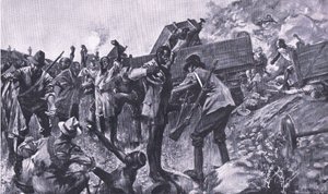 Förlisningen av tåget nära Taaibosch, från After Pretoria: The Guerilla War publicerad av Harmsworth Bros Limited, 1901