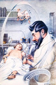 Professor Camille Lian (1882-1969) undersöker en patient med all sin utrustning, från "Chanteclair", oktober 1928 (färg litho) av A. Chanteau