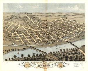 Fågelperspektiv över staden Attica, Fountain County, Indiana 1869. LOC 73693378 av A.; Chicago Lithographing Co. Ruger