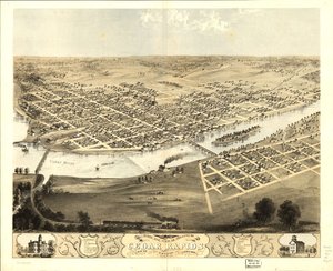 Fågelperspektiv över staden Cedar Rapids och Kingston, Linn Co, Iowa 1868. LOC 73693391 av A.; Chicago Lithographing Co. Ruger