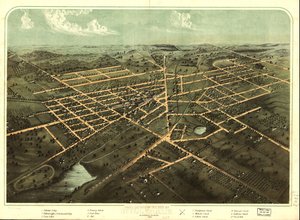 Fågelperspektiv över staden Hillsdale, Hillsdale Co, Mich. 1866. LOC 73693429 av A.; Chicago Lithographing Co. Ruger