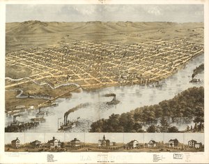 Fågelperspektiv över staden La Crosse, Wisconsin 1867. LOC 73694545 av A.; Chicago Lithographing Co. Ruger