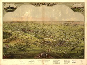 Fågelperspektiv över staden Lansing, Michigan 1866. LOC 73693436 av A.; Chicago Lithographing Co. Ruger