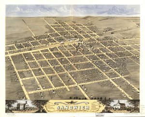 Fågelperspektiv över staden Sandwich, De Kalb County, Illinois 1869. LOC 73693372 av A.; Chicago Lithographing Co. Ruger