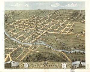 Fågelperspektiv över staden Titusville, Crawford County, Pennsylvania 1871. LOC 73694524 av A.; Chicago Lithographing Co. Ruger