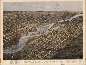 Minneapolis och Saint Anthony, Minnesota 1867. LOC 73693455 av A.; Chicago Lithographing Co. Ruger