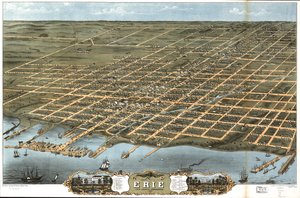 Fågelperspektiv över staden Erie, Erie County, Pennsylvania 1870. av A. Chicago Lithographing Co. Ruger and Stoner Ruger