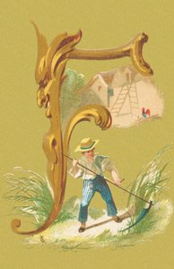 F: gräsklippare, fejk, hö, gård (färg litho) av A. Cordier