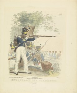Flankeur i stor uniform, 1820-1825 holländskt infanteri. Korpral der Flankeurs i stor uniform (titel på objektet) Militära dräkter av kungariket Nederländerna. Tillägnad Hans Excellence Willem van Bylandt (serietitel på objekt)