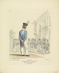 Musiker i full uniform Musiker klädd, 1820-1825 Nederlandsche Infanterie Musikant i stor uniform (titel på objekt) Militära dräkter av kungariket Nederländerna. Tillägnad Hans excellens Willem van Bylandt (serietitel på obj