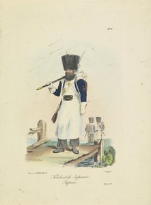 Sappeur, 1820-1825 holländskt infanteri. sapeur (titel på objekt) Militära dräkter av kungariket Nederländerna. Tillägnad Hans Excellence Willem van Bylandt (serietitel på objekt)