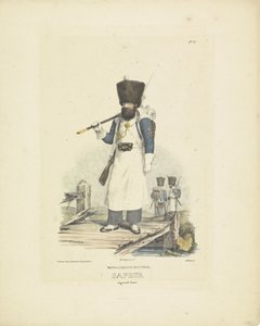 Sappeur i stor uniform, 1820-1825 holländskt infanteri. Sapeur i stor outfit (titel på objekt) Militära dräkter av kungariket Nederländerna. Tillägnad Hans Excellence Willem van Bylandt (serietitel på objekt)