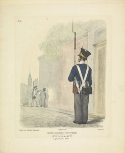 Soldat i garnisonsklänning, 1820-1825 holländskt infanteri. Soldat i guarnisuniform (titel på föremål) Militära dräkter av kungariket Nederländerna. Tillägnad Hans Excellence Willem van Bylandt (serietitel på objekt)