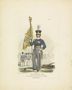 Fanbärare i full uniform, 1820-1825 holländskt infanteri. Fanebärare i stor uniform (titel på föremål) Militära dräkter av kungariket Nederländerna. Tillägnad Hans Excellence Willem van Bylandt (serietitel på objekt)