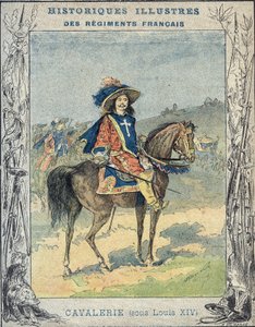 Kavalleri under Ludvig XIV - Från ett skyddande fodral för skolböcker, sent 1800-tal - Kavalleri sous Louis XIV - illustration av A Demarle - Protege anteckningsbok historique, sent 1800-tal -