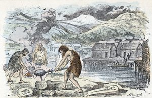 Förhistoria, bronsålder: gjuteriverkstad nära en pålhusbosättning Gravyr från "" La nature et l