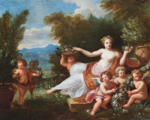 Flora liggande i ett landskap med putti som kommer med blommor. (olja på duk) av A. Diennen