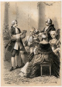 Antoine-Marin Lemierre läser Hypermnestra för Jean-Baptiste Vivien de Chateaubrun, illustration från 