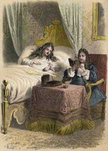 Ludvig XIV, kung av Frankrike, tyckte om att höra Jean Racine läsa och tog in honom när han var sjuk. Gravyr av A. Duruy i "" litterära illustrationer av Frankrike; guld, anekdotisk galleri av våra huvudförfattare som är intresserade av deras handlingar oc