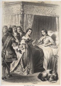 Madame Deshoulieres, Antoinette Ligier de La garde (1637-1694) överväldigad av frågor från sitt följe efter en natt tillbringad med rädsla för spöket. Gravyr av A. Duruy i "" Illustrations litteraires de la France; eller, Galerie anecdotique de nos pr