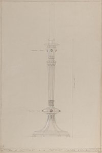 Chapel of Chivalry: föreslagen silverljusstake (penna, bläck, pensel, wc & silverfärg på grått kort) av A. Edward Jones and Co.