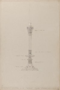 Barnkapell: föreslagen silverljusstake, verklig storlek (penna, bläck, pensel, wc & silverfärg på grått kort) av A. Edward Jones and Co.