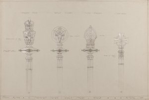 Högaltare: föreslagna stavar och stavar i guld och silver, verklig storlek (penna, bläck, pensel, wc & silverfärg på grått kort) av A. Edward Jones and Co.
