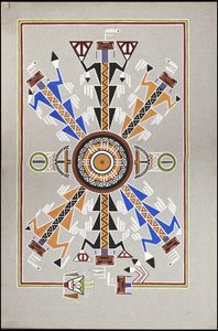 Ritningar som visar begravningsplatsen för "Cadunce" en Chippewa-indian "medicinman", en Navajo-sandmålning och målningar av kråksten av A. Grossman