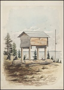Ritningar som visar begravningsplatsen för "Cadunce" en Chippewa-indian "medicinman", en Navajo-sandmålning och målningar av kråksten av A. Grossman
