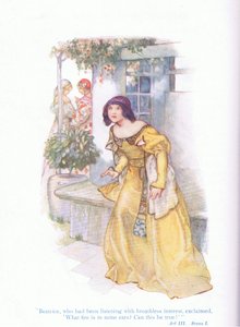Beatrice, som hade lyssnat med andlöst intresse utbrast "Vad är det för eld i mina öron kan detta vara sant?" (Much Ado About Nothing), från Tales from Shakespeare pub. av Ward Lock & Co Ltd av A. Jackson