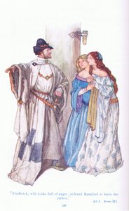 Frederick med ilska blickar beordrade Rosalind att lämna palatset (As You Like It), från Tales from Shakespeare pub. av Ward Lock & Co Ltd av A. Jackson