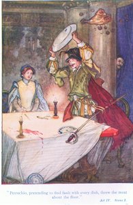 Petruchio, som låtsades hitta fel med varje maträtt, kastade köttet på golvet (The Taming of the Shrew), från Tales from Shakespeare pub. av Ward Lock & Co Ltd av A. Jackson